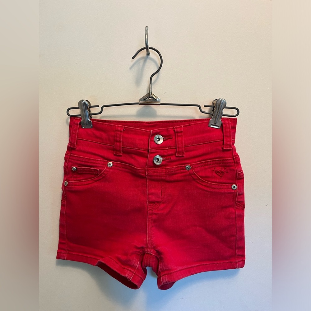 Justice, girls youth red jean shorts with double buttons.